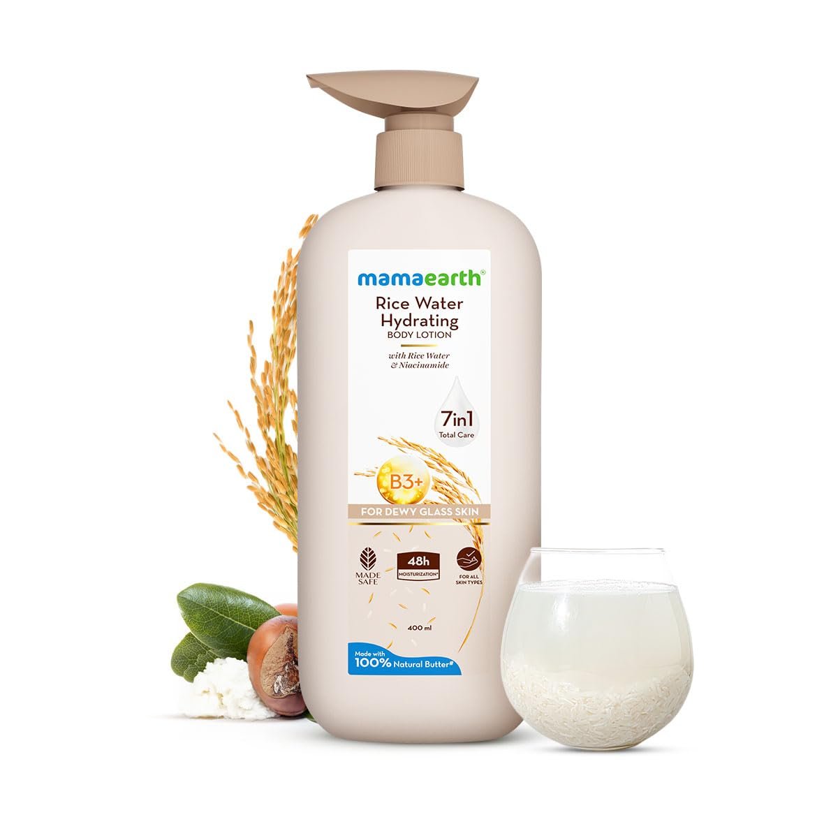Mamaearth Rice Water Hydrating Body Lotion with Rice Water & Niacinamide for Dewy Glass Skin | 48 Hrs Moisturizating & Nourishing | For Dry Skin | 7 in1 Total Care | 100% Natural Butter | Non Greasy Smooth Skin | 400 ml