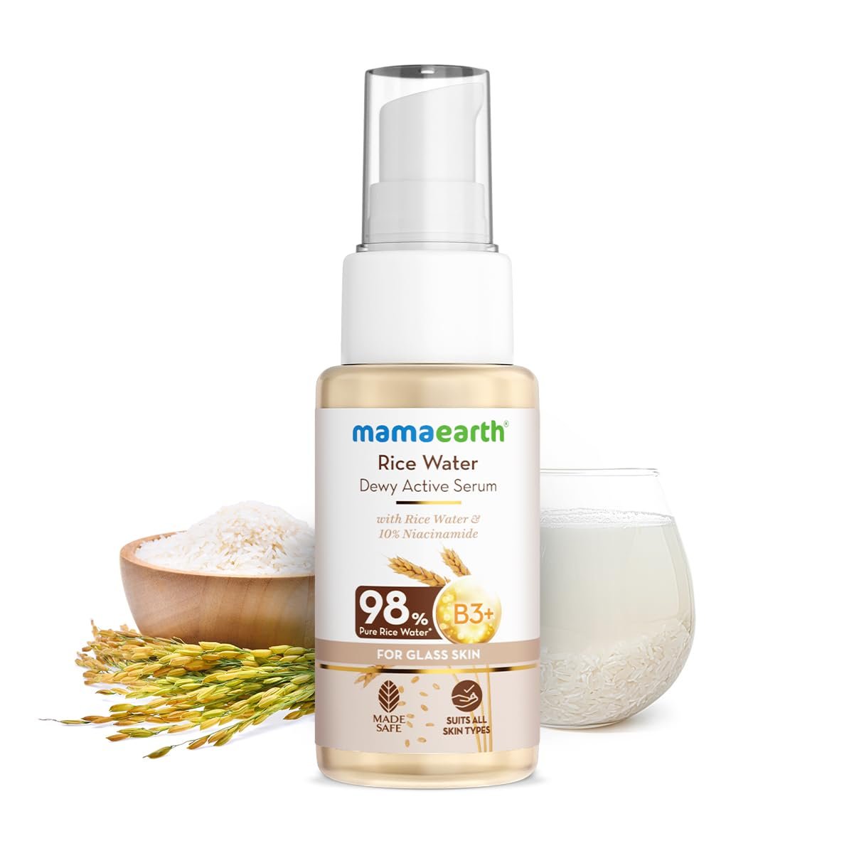 Mamaearth Rice Water Dewy Active Serum with 10% Niacinamide, Rice Water & Hyaluronic Acid - 50 ml For Glass Skin | Gives Dewy Finish |Brightens Skin|Suits All Skin Types