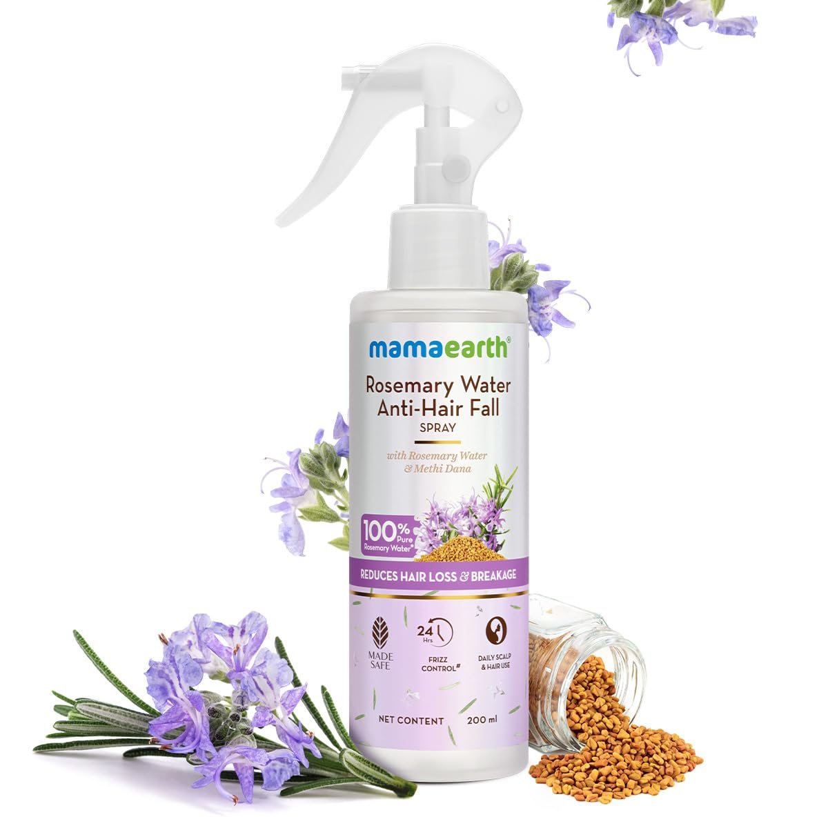 Mamaearth Rosemary Water Anti-Hair Fall Spray with 100% Pure Rosemary Water & Methi Dana | For Hair Growth | Stronger & Denser Hair | 24-H Frizz Control | Folligen ANALupe, Fision Aquashield | Shiny & Smooth Hair | 200 ml